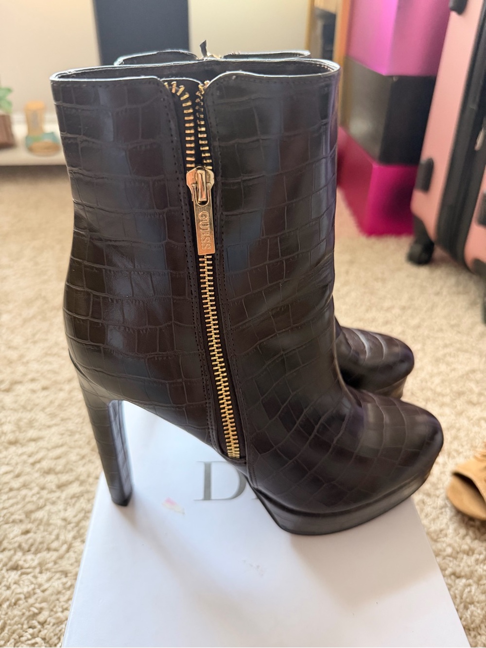 GUESS Dark Brown Croc-Embossed High Heel Ankle Boots with Gold Zip